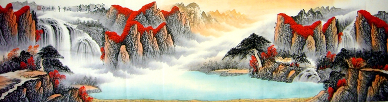 云山飞瀑山水画